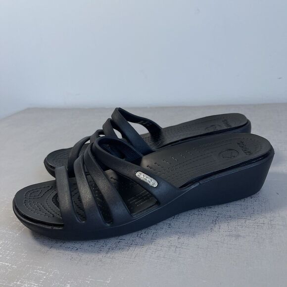 Crocs Rhonda Wedge Sandals Black Women's 8 Strappy Slip On Comfort Shoes - Picture 1 of 13
